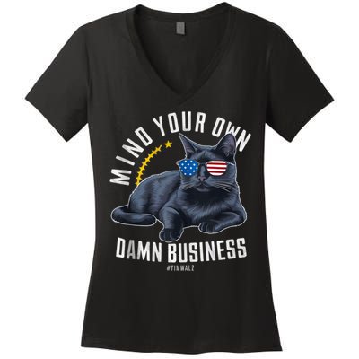 Tim Walz Waltz Mind Your Own Damn Business Funny Cat Design Women's V-Neck T-Shirt