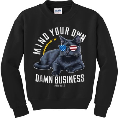 Tim Walz Waltz Mind Your Own Damn Business Funny Cat Design Kids Sweatshirt