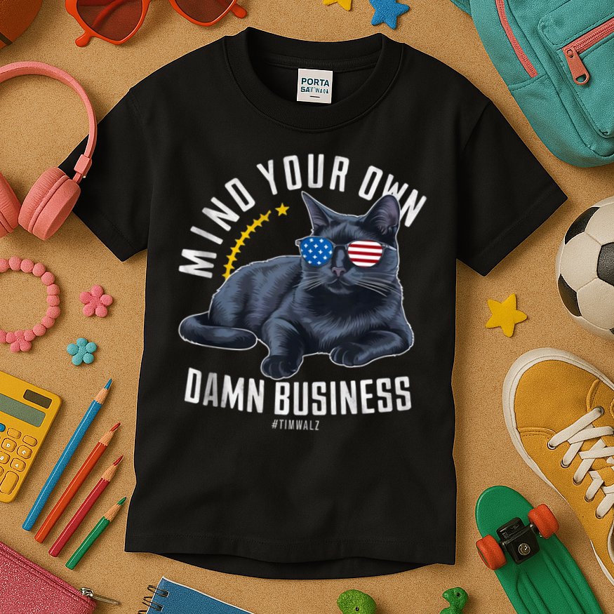 Tim Walz Waltz Mind Your Own Damn Business Funny Cat Design Kids T-Shirt