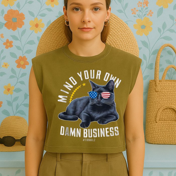 Tim Walz Waltz Mind Your Own Damn Business Funny Cat Design Garment-Dyed Women's Muscle Tee