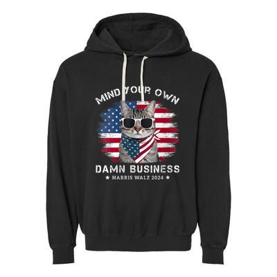 Tim Walz Waltz Mind Your Own Damn Business Funny Cat Design Garment-Dyed Fleece Hoodie