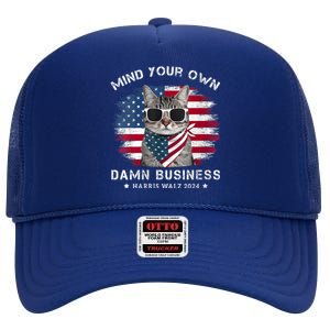 Tim Walz Waltz Mind Your Own Damn Business Funny Cat Design High Crown Mesh Back Trucker Hat