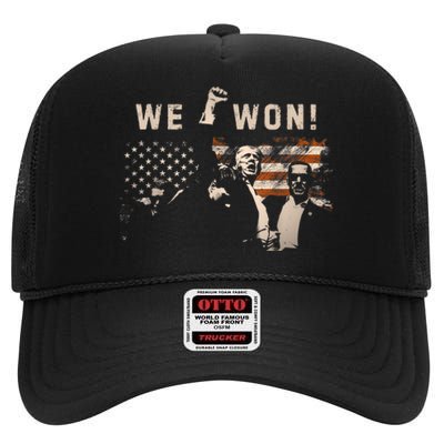 Trump We Won Wins Inauguration 47 Us President 2025 Election High Crown Mesh Back Trucker Hat