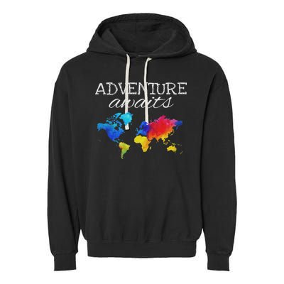 Travel Wanderlust World Map Adventure Traveler Gift Garment-Dyed Fleece Hoodie