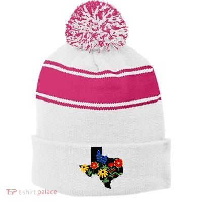Texas Wildflowers With Bluebonnets Stripe Pom Pom Beanie
