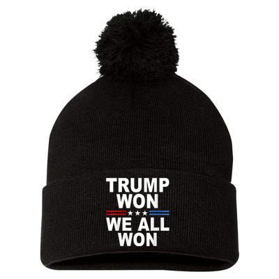 Trump Won We All Won 2024 Usa Flag Trump Won Pom Pom 12in Knit Beanie