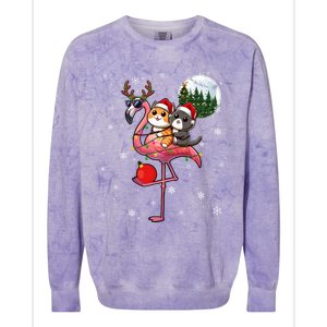 Two Xmas Cats Riding Flamingo Reindeer Sunglasses Funny Gift Colorblast Crewneck Sweatshirt