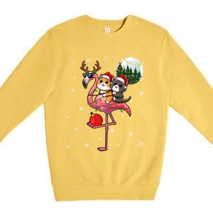 Two Xmas Cats Riding Flamingo Reindeer Sunglasses Funny Gift Premium Crewneck Sweatshirt