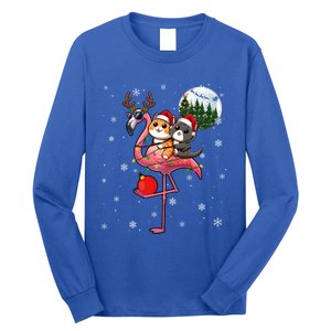 Two Xmas Cats Riding Flamingo Reindeer Sunglasses Funny Gift Long Sleeve Shirt