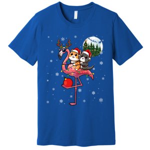 Two Xmas Cats Riding Flamingo Reindeer Sunglasses Funny Gift Premium T-Shirt