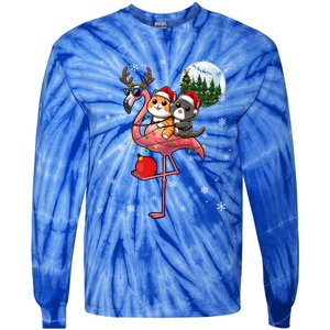 Two Xmas Cats Riding Flamingo Reindeer Sunglasses Funny Gift Tie-Dye Long Sleeve Shirt