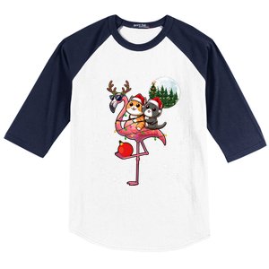 Two Xmas Cats Riding Flamingo Reindeer Sunglasses Funny Gift Baseball Sleeve Shirt