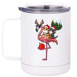 Two Xmas Cats Riding Flamingo Reindeer Sunglasses Funny Gift 12 oz Stainless Steel Tumbler Cup