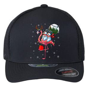 Two Xmas Snowmen Riding Flamingo Reindeer Sunglasses Flexfit Unipanel Trucker Cap