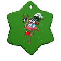 Two Xmas Snowmen Riding Flamingo Reindeer Sunglasses Ceramic Star Ornament