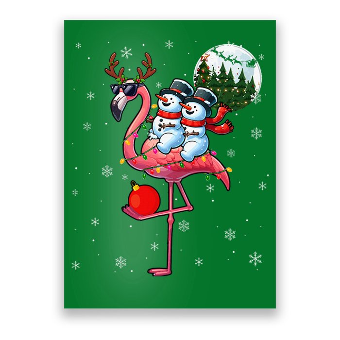 Two Xmas Snowmen Riding Flamingo Reindeer Sunglasses Poster