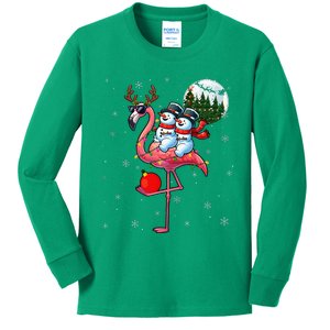 Two Xmas Snowmen Riding Flamingo Reindeer Sunglasses Kids Long Sleeve Shirt