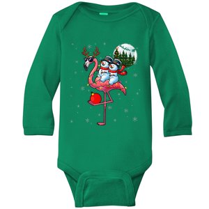 Two Xmas Snowmen Riding Flamingo Reindeer Sunglasses Baby Long Sleeve Bodysuit