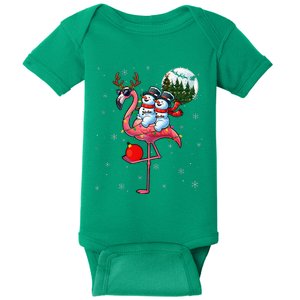 Two Xmas Snowmen Riding Flamingo Reindeer Sunglasses Baby Bodysuit