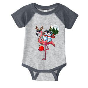 Two Xmas Snowmen Riding Flamingo Reindeer Sunglasses Infant Baby Jersey Bodysuit