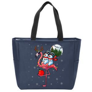 Two Xmas Snowmen Riding Flamingo Reindeer Sunglasses Zip Tote Bag