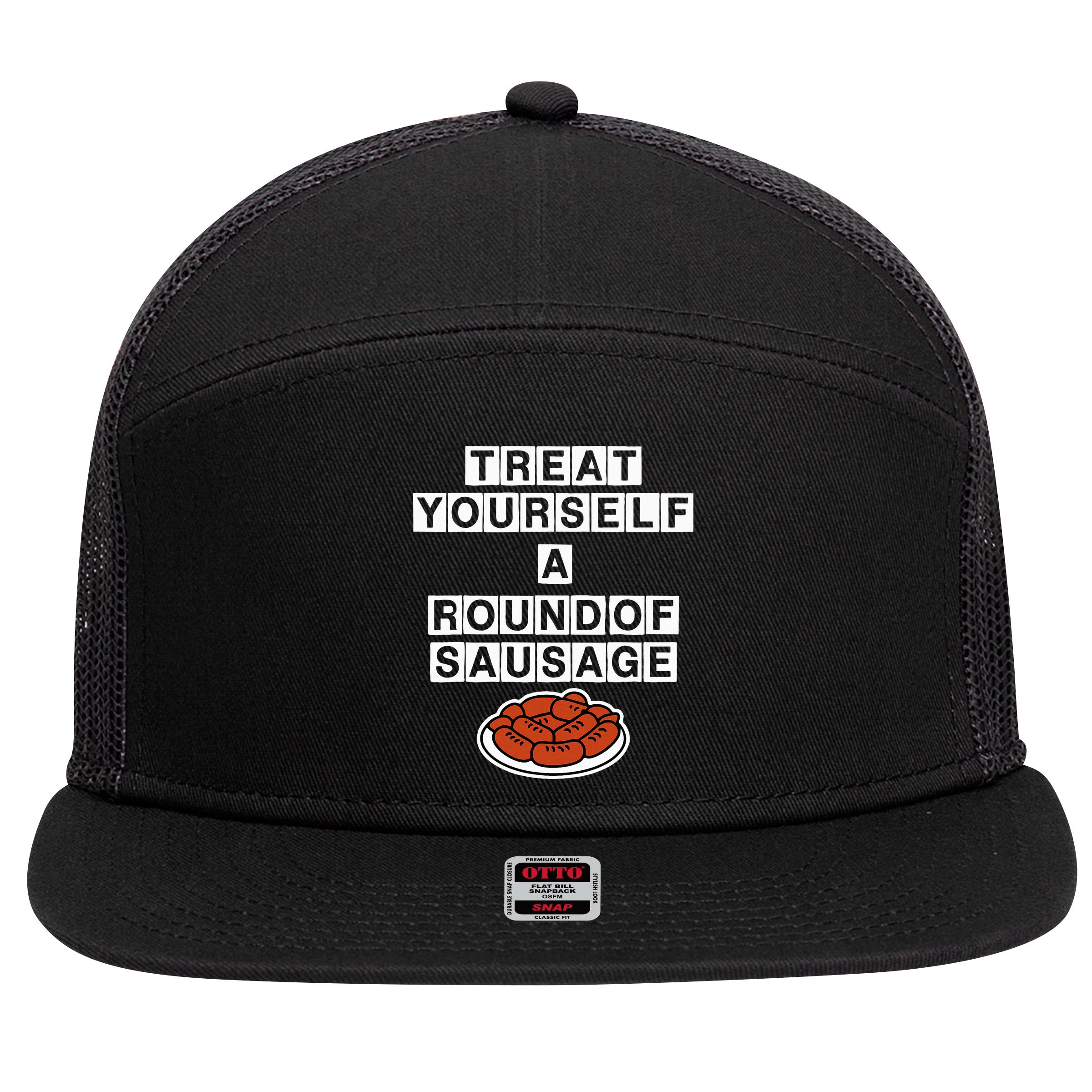 Treat Yourself A Round Of Sausage 7 Panel Mesh Trucker Snapback Hat