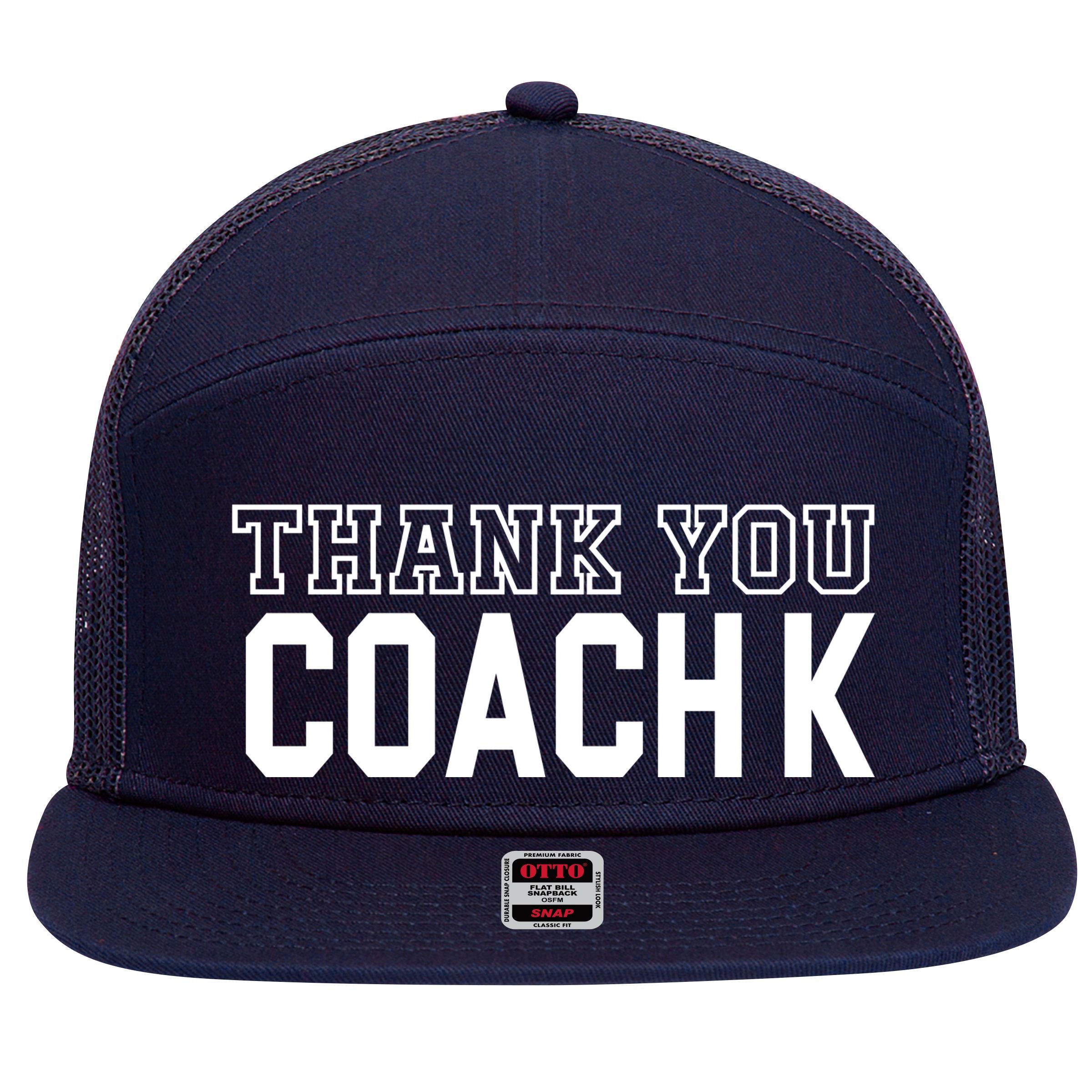 Thank You Coach K Basketball 7 Panel Mesh Trucker Snapback Hat