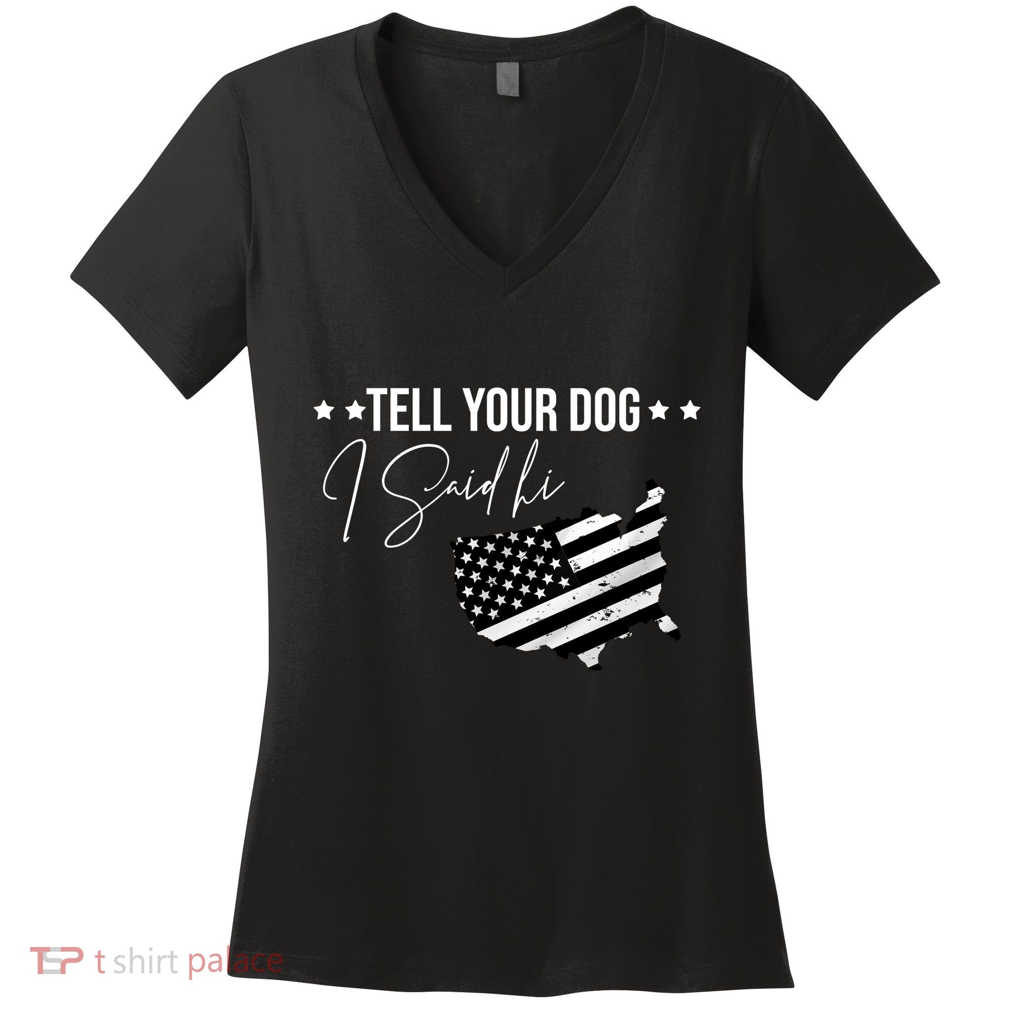 Tell Your Dog I Said Hi Grey Style American Flag Women's V-Neck T-Shirt