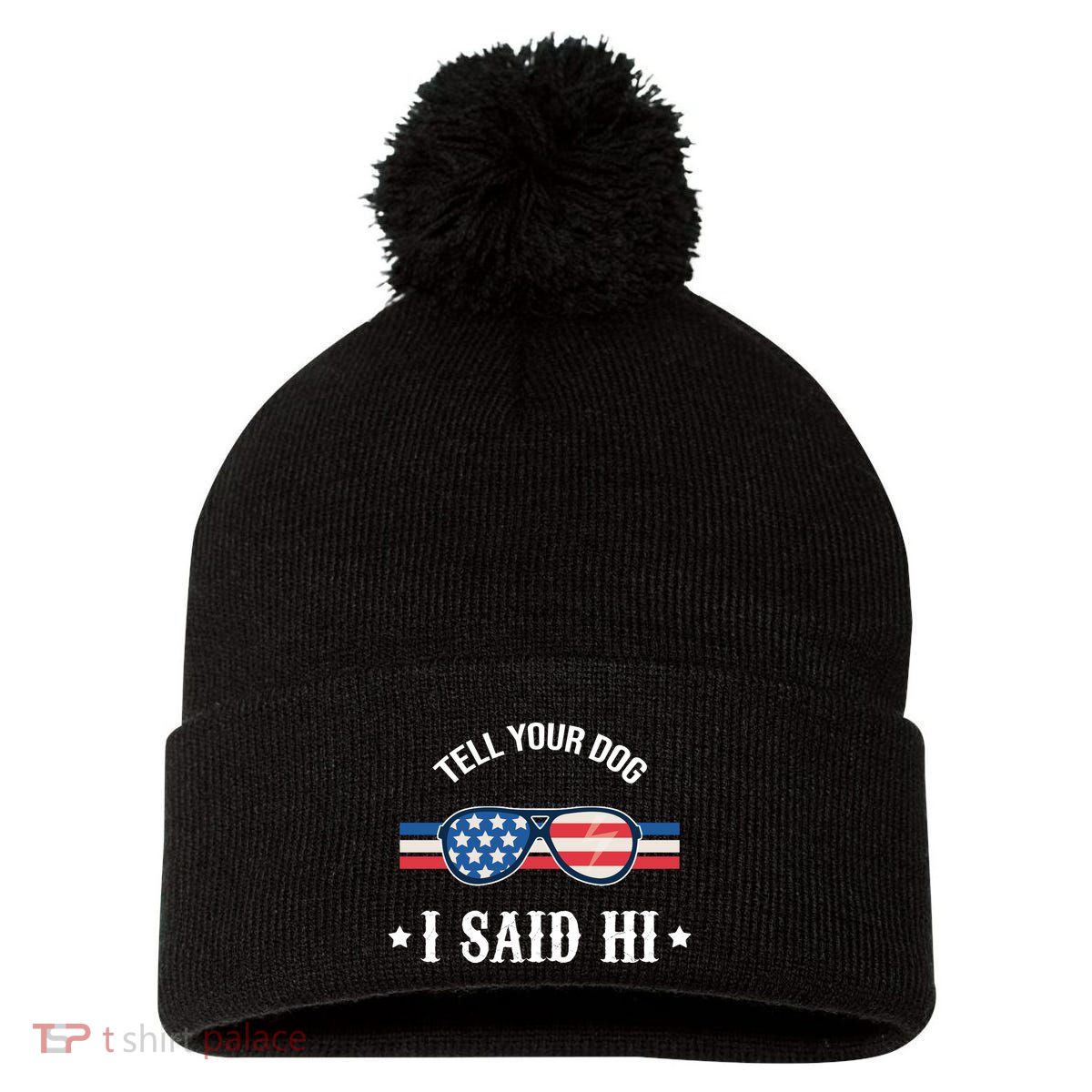 Tell Your Dog I Said Hi Funny USA Retro Shades Pom Pom 12in Knit Beanie