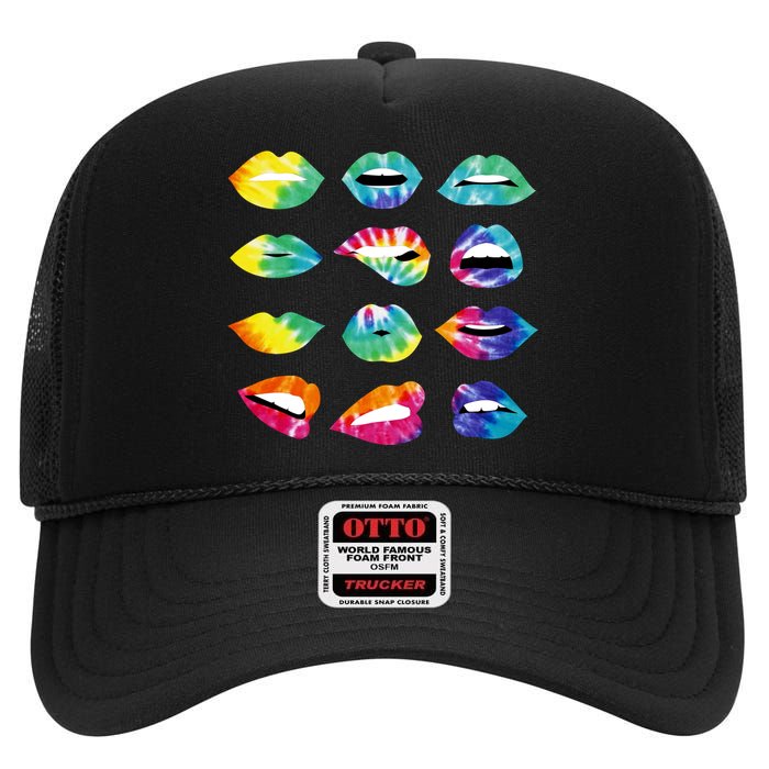 Tye Dye Colorful Hippy Lips High Crown Mesh Back Trucker Hat