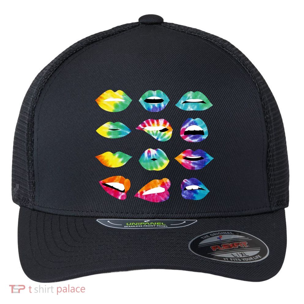 Tye Dye Colorful Hippy Lips Flexfit Unipanel Trucker Cap