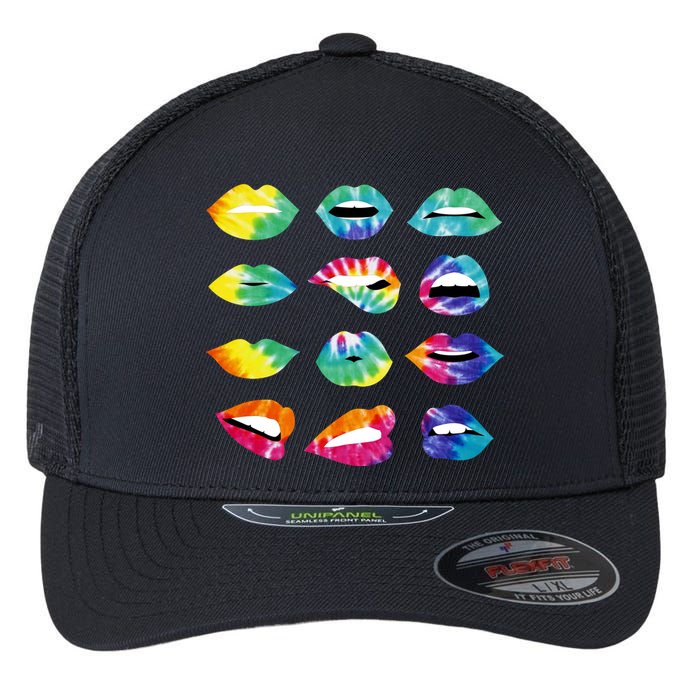 Tye Dye Colorful Hippy Lips Flexfit Unipanel Trucker Cap