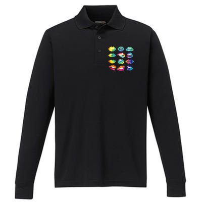 Tye Dye Colorful Hippy Lips Performance Long Sleeve Polo