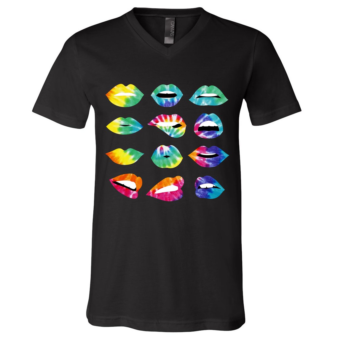 Tye Dye Colorful Hippy Lips V-Neck T-Shirt