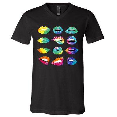 Tye Dye Colorful Hippy Lips V-Neck T-Shirt