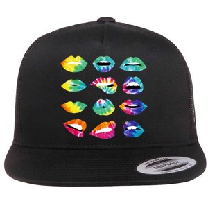 Tye Dye Colorful Hippy Lips Flat Bill Trucker Hat