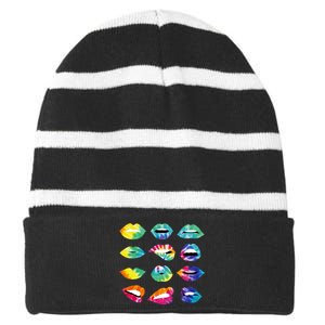 Tye Dye Colorful Hippy Lips Striped Beanie with Solid Band