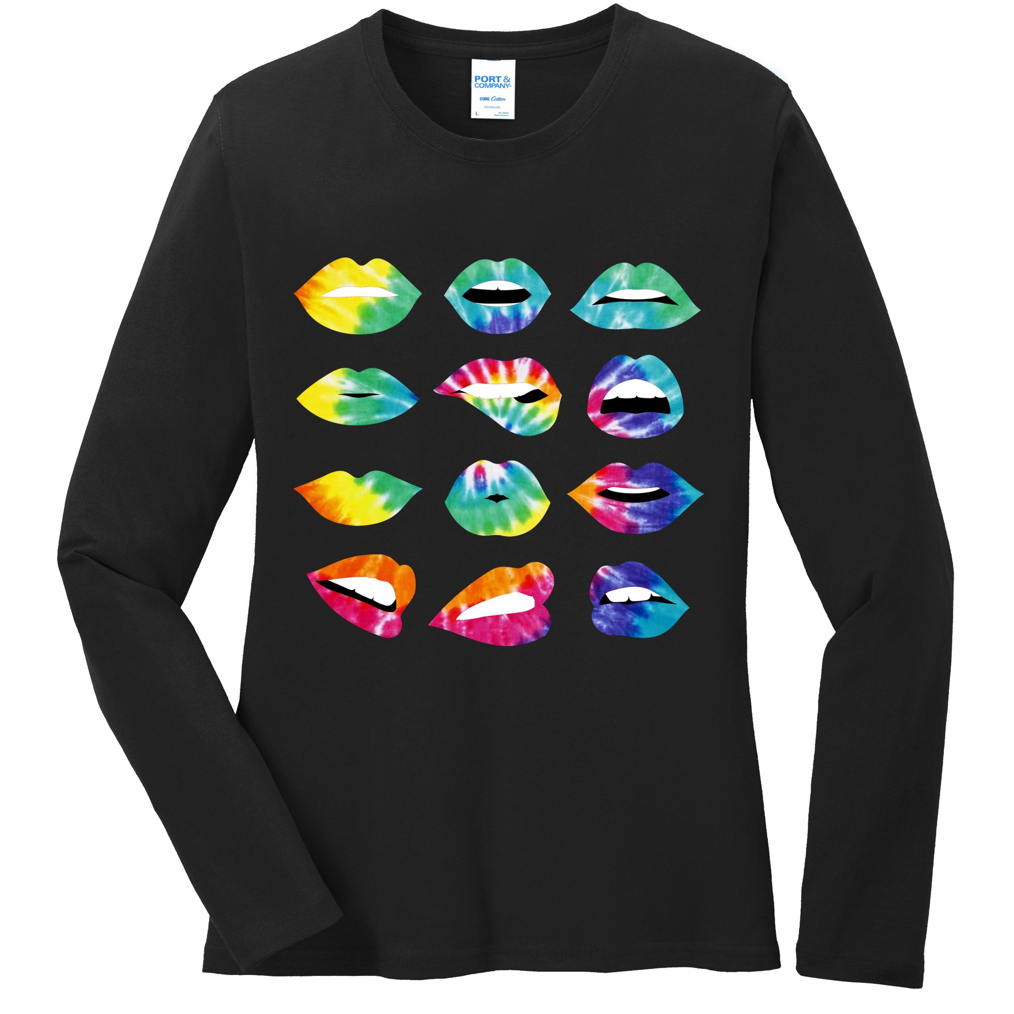 Tye Dye Colorful Hippy Lips Ladies Long Sleeve Shirt