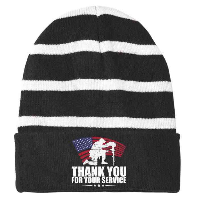 Thank You For Your Service Veteran Day Striped Beanie with Solid Band