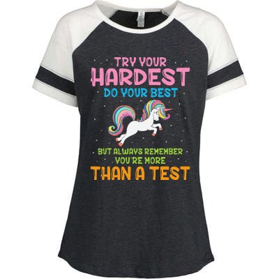 Try Your Hardest Unicorn Test Day Teacher's Testing Apparel Enza Ladies Jersey Colorblock Tee