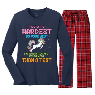 Try Your Hardest Unicorn Test Day Teacher's Testing Apparel Women's Long Sleeve Flannel Pajama Set 