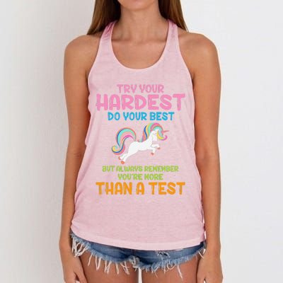 Try Your Hardest Unicorn Test Day Teacher's Testing Apparel Women's Knotted Racerback Tank