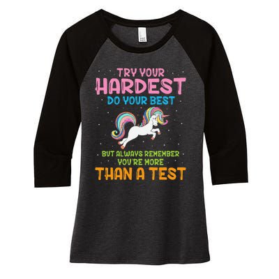 Try Your Hardest Unicorn Test Day Teacher's Testing Apparel Women's Tri-Blend 3/4-Sleeve Raglan Shirt