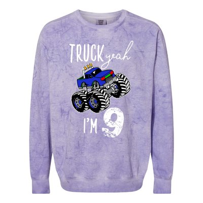 Truck Yeah Im 9 Monster Truck Birthday Car 9th Ninth Gift Colorblast Crewneck Sweatshirt