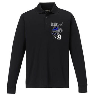 Truck Yeah Im 9 Monster Truck Birthday Car 9th Ninth Gift Performance Long Sleeve Polo