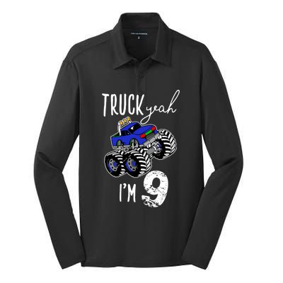 Truck Yeah Im 9 Monster Truck Birthday Car 9th Ninth Gift Silk Touch Performance Long Sleeve Polo