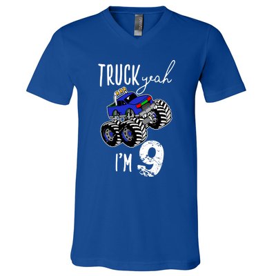 Truck Yeah Im 9 Monster Truck Birthday Car 9th Ninth Gift V-Neck T-Shirt