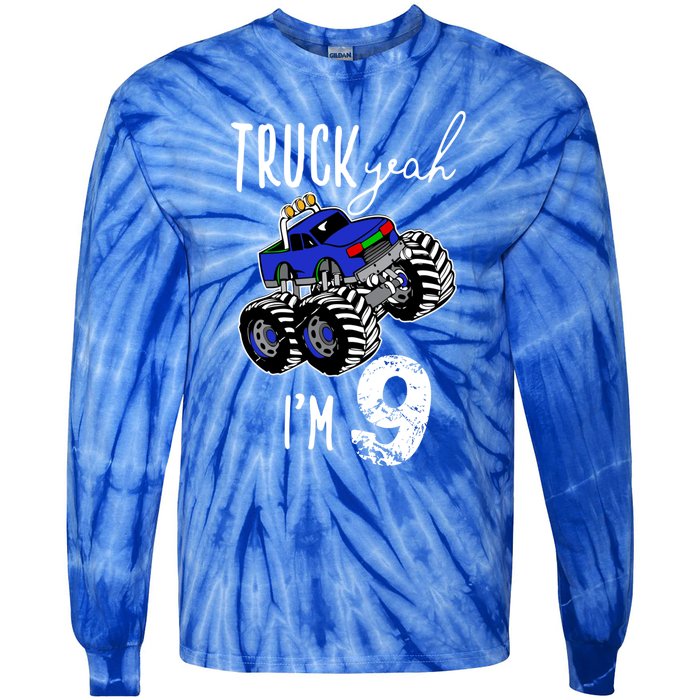 Truck Yeah Im 9 Monster Truck Birthday Car 9th Ninth Gift Tie-Dye Long Sleeve Shirt