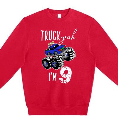 Truck Yeah Im 9 Monster Truck Birthday Car 9th Ninth Gift Premium Crewneck Sweatshirt