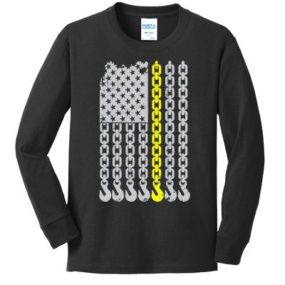 Thin Yellow Line Chain Hook American Flag Tow Truck Driver Kids Long Sleeve Shirt